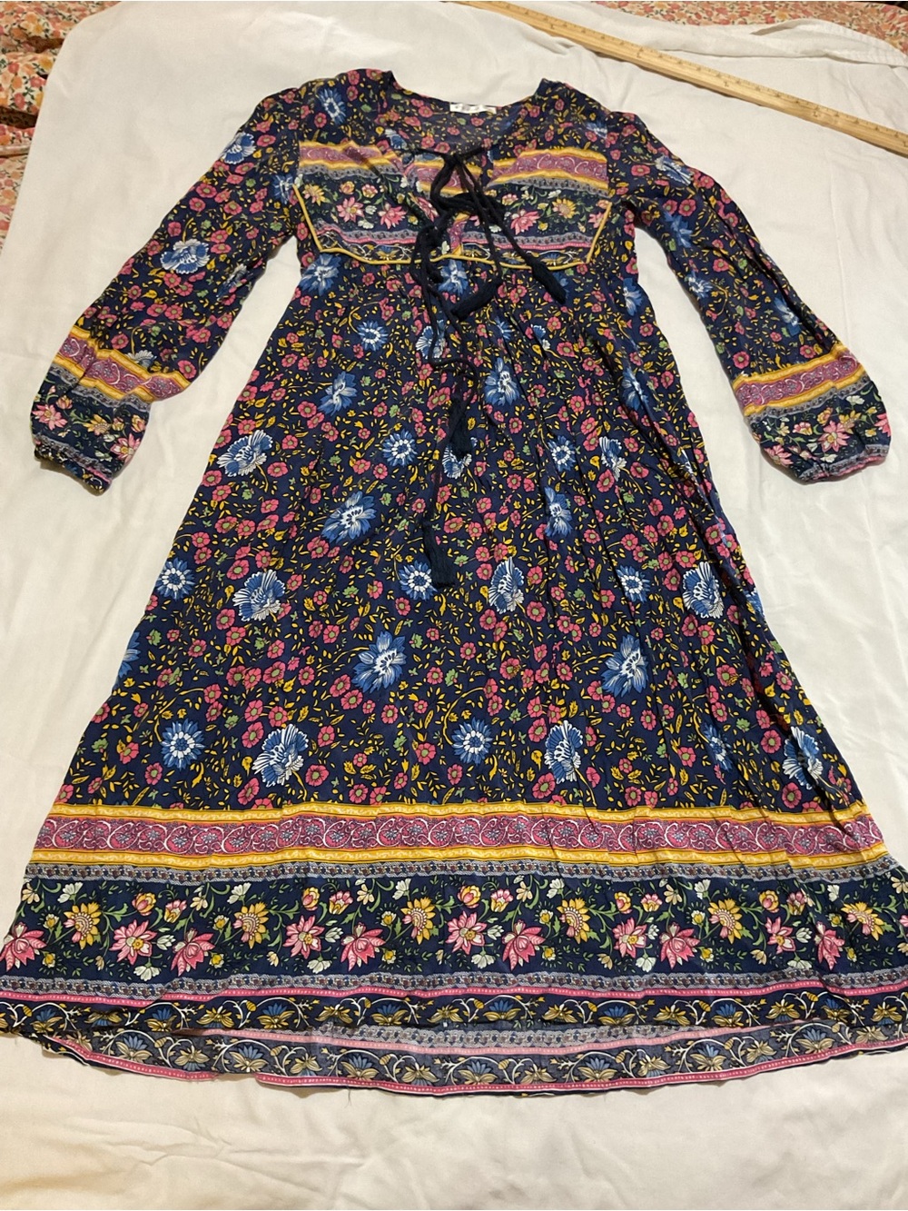 Floral Long Sleeve Dress Womens XS Tassels Cottagecore Boho